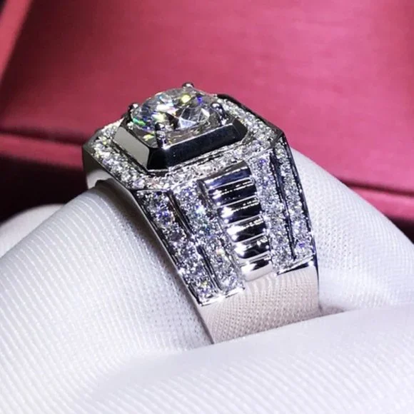 🎁 Fever Square Glitter Zircon Silver Chunky Wedding Rings for Man, PD663